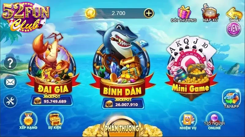 3 phòng chơi hấp dẫn tại game săn cá thần tài 52fun